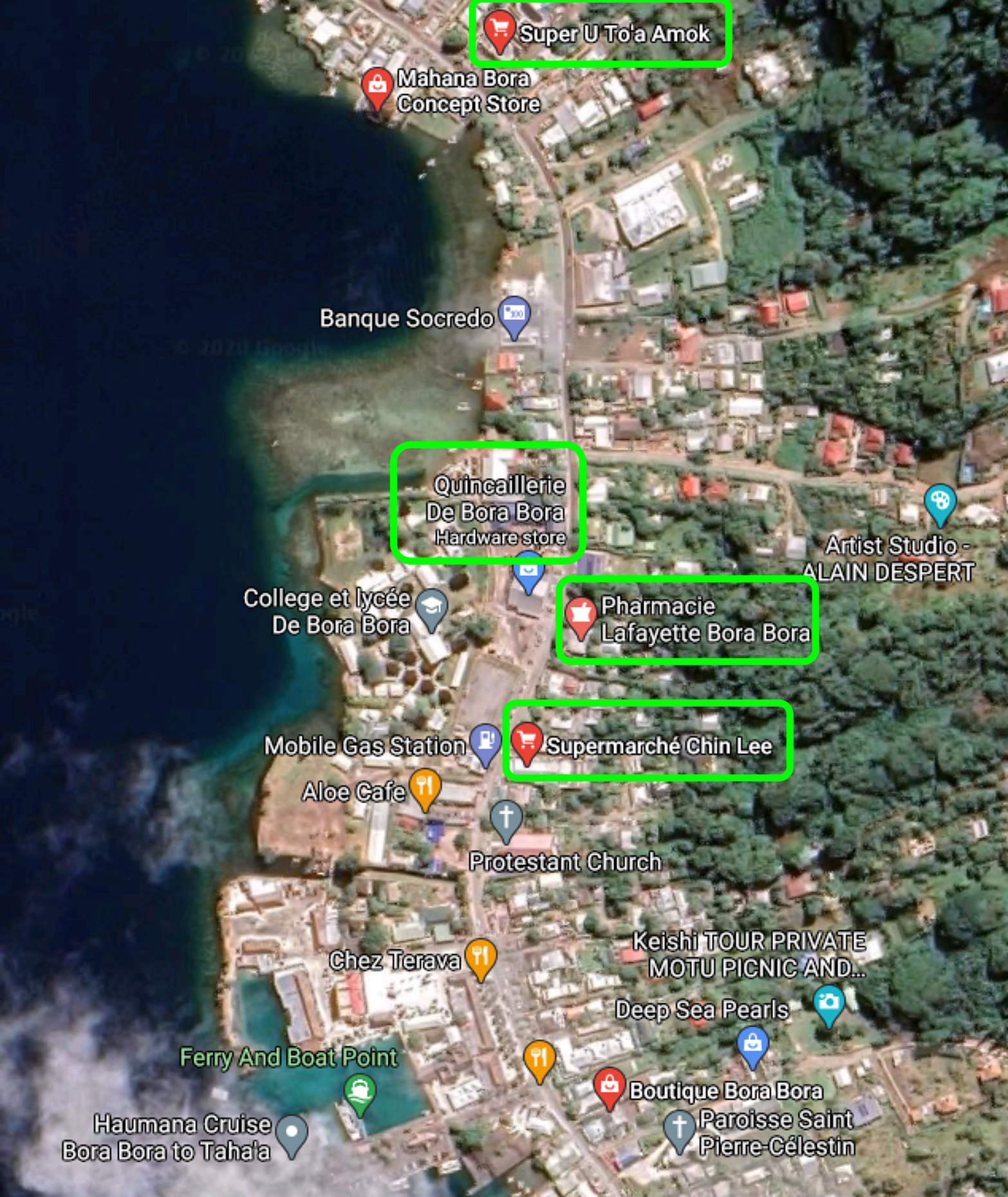 Map showing grocery stores, hardware store and pharmacy in Bora Bora